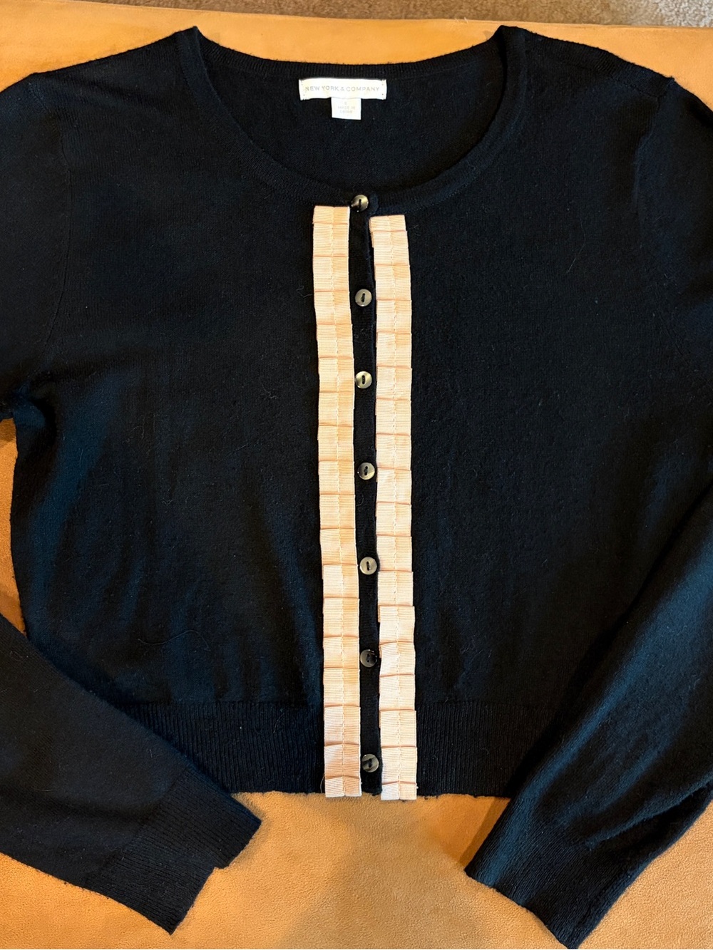 New York & Company Black Cropped Cardigan with Cream Pleated Trim